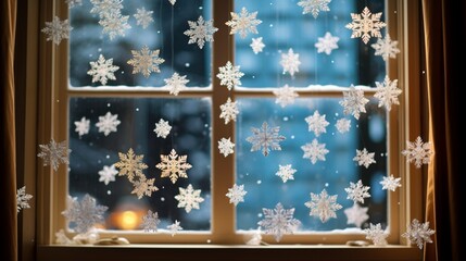 Handmade paper snowflakes adorning a window, with a backdrop of falling snow.