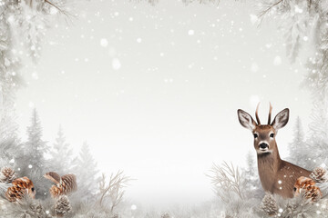 White reindeer and roe deer standing in the snow.