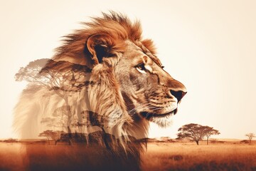 Lion's Safari Elegance: Pro Double Exposure Portrait