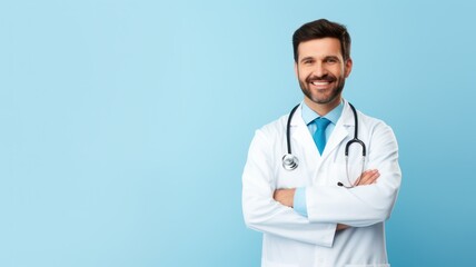 Fototapeta premium Smiling doctor standing on a light blue background with copy space on the right created with Generative AI