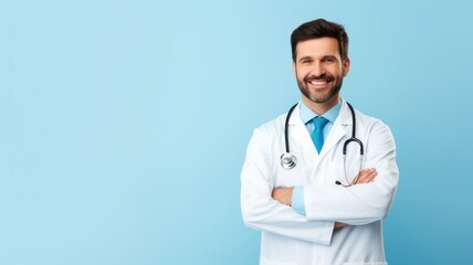 Smiling doctor standing on a light blue background with copy space on the right created with Generative AI