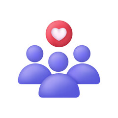 3D Team with heart icon. Voluntary people unity. Customer feedback icon.