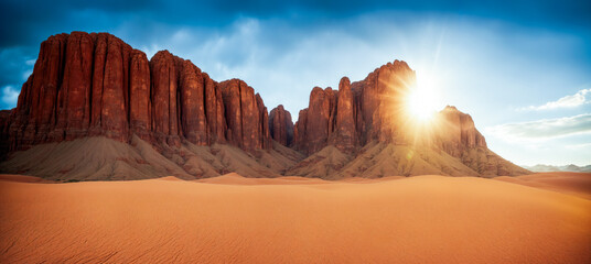 Radiant sun casting light on sandstone cliffs in the desert. - obrazy, fototapety, plakaty