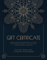 Luxury gold gift certificate with mandala for spa.