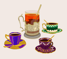Glass of tea in glass holder and tea cups. Vector isolated illustration.