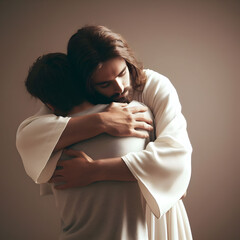 Jesus Christ hugging woman men with love - obrazy, fototapety, plakaty