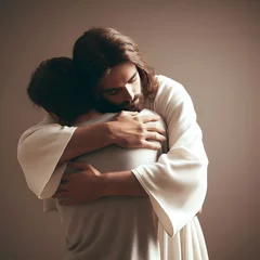 Poster Jesus Christ hugging woman men with love © masterofmoments