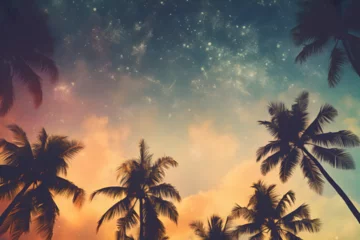 Fototapeten Tropical Palm Trees Against a Starry Night Sky with Warm Sunset Colors © Qmini