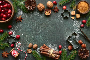 Christmas baking background with ingredients for making cake or biscuit . Top view with copy space. - 670591731