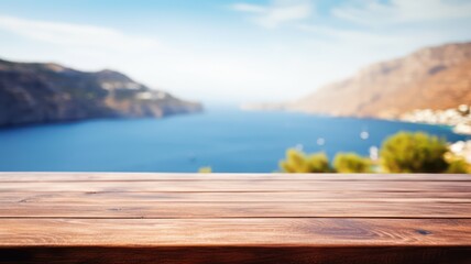 Naklejka na ściany i meble Empty plank white wood table top with blur blue sky and sea boekh background.