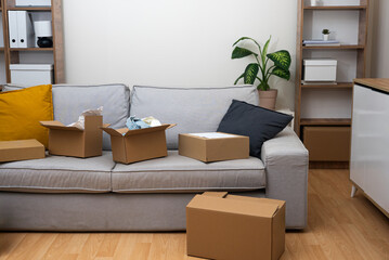 Cardboard boxes with purchased goods for unpacking stand on sofa in cozy room with plant of apartment ordering home delivery and making purchase on online store website