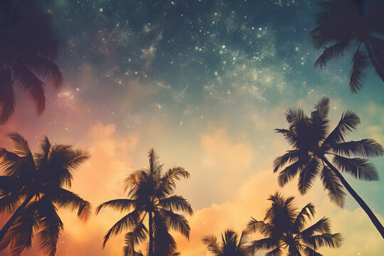 Tropical Palm Trees Against a Starry Night Sky with Warm Sunset Colors