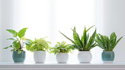 a row of green leafy plants in pots background.