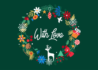Christmas decor in vector. A wreath of fir branches, leaves, berries, deer, doves, snowflakes, gifts, stars, sweets and Christmas tree decorations. Decoration in flat style.