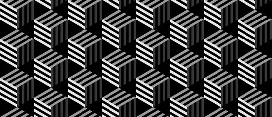 Seamless 3D geometric pattern. Luxury endless vector background with white 3d cubes on black backdrop for cover design, invitation, poster, flyer, luxe invite, prestigious voucher, menu. Op Art.