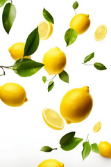 Falling whole lemons, halves and green leaves on white background
