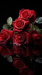 A romantic dark red roses in full bloom are reflected on a glossy surface. Vertical orientation. Wedding, valentine, mothers day, fashion, celebration card. Vertical. 