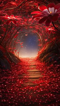 Petals of red flowers lead a path through the image. Vertical orientation. 
