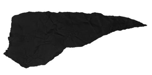 A piece of black crumpled paper on a blank background.