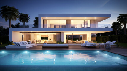 Obraz na płótnie Canvas Luxury minimalist modern villa with a swimming pool at night