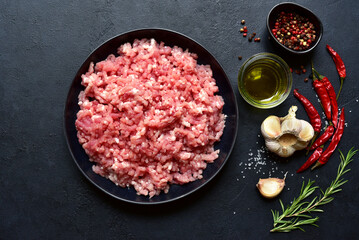 Homemade minced meat with spices. Top view with copy space.