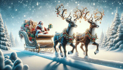 Two reindeer run along a snowy road pulling a sleigh carrying Santa Claus and presents.