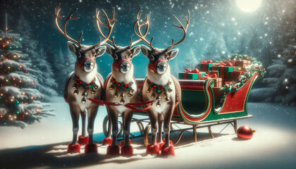 Three reindeer and a present packed in a sled.