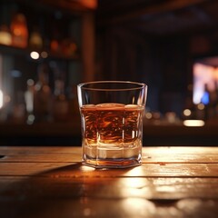 a glass of whiskey sitting on a wooden table