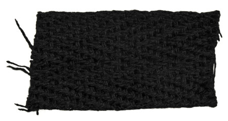 A piece of black knitted fabric with protruding threads on a blank background.
