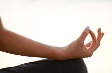 Closeup, woman and hand for yoga with meditation for wellness of health, mindset or zen with peace....
