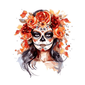 Dia DE Los Muertos face painting, Mexican Holiday, halloween dead girl scull with flowers watercolor paint on white background