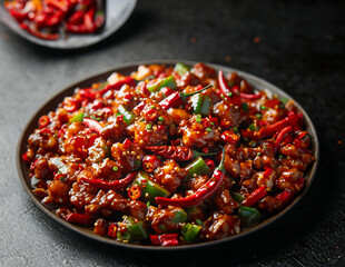 Spicy Szechuan Chicken Close-Up Showcasing Rich Colors and Bold Spice Assortment