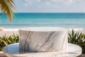 Fototapeta na wymiar Empty White Marble Minimalist Modern Rounded Podium with Blurred Beach Background