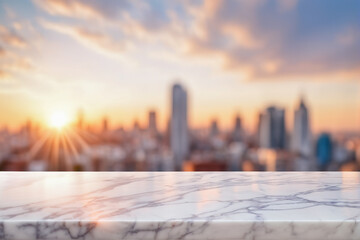 Empty White Marble Table with Blurred City Skyscraper Scape View Landscape Background at Dawn or Dusk