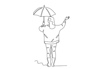 A woman wearing a small umbrella in rear view. Umbrella one-line drawing