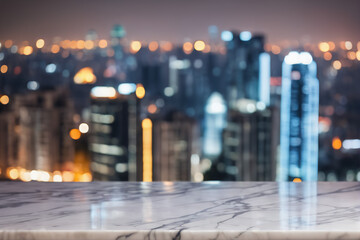 Empty White Marble Table with Blurred City Skyscraper Scape View Landscape Background at Night