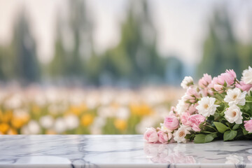 White Marble Table with Flowers and Blurred Floral Background
