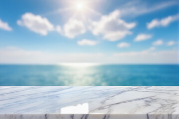 Empty White Marble Table with Blurred Blue Sea Ocean Background