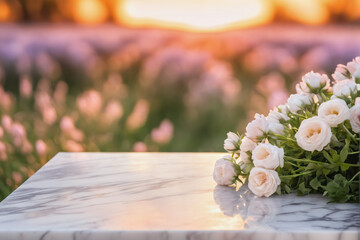 White Marble Table with Flowers and Blurred Floral Background at Dawn or Dusk