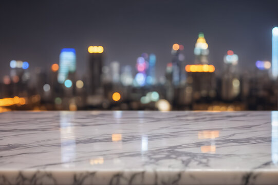 Empty White Marble Table with Blurred City Skyscraper Scape View Landscape Background at Night