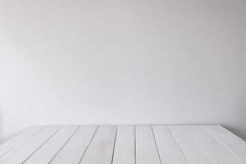 Empty White Wooden Table with White Clean Wall Background
