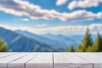 Empty White Wooden Table with Blurred Mountains Peak and Hill View Scenery Background