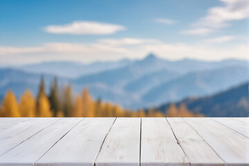 Empty White Wooden Table with Blurred Mountains Peak and Hill View Scenery Background