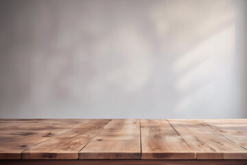 Empty Wooden Table in a Dimly Lit Room with Bokeh and Blurred Background