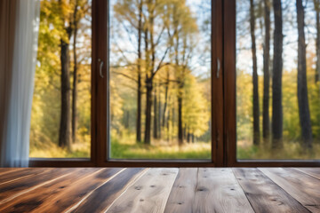 Empty Wooden Table in Front of Window with Blurred Forest View Background
