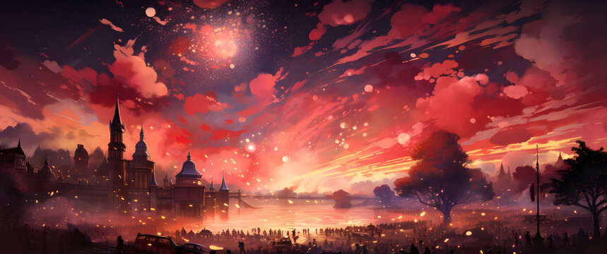 Festive fireworks explode over a bustling cityscape by the river at twilight, with silhouettes of people and trees.