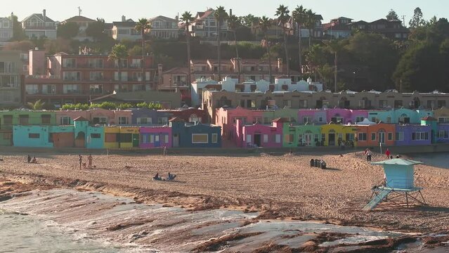 Colorful residential neighborhood Capitola Venetian Court in the California coast, USA. Aerial view of the colorful beach neighborhood in Capitola, California 