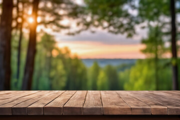 Empty Wooden Table with Blurred Pine Trees Forest and Sun Light Shaft Bokeh Background at Dawn or Dusk
