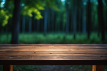 Empty Wooden Table with Blurred Pine Trees Forest and Lamp Bokeh Background at Night