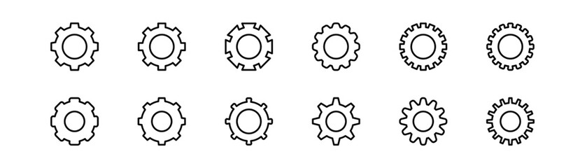 Gear icon set. Gearwheel line icon. Cogwheel symbol. Gear mechanism. Gearwheel sign. Editable stroke. Vector illustration.